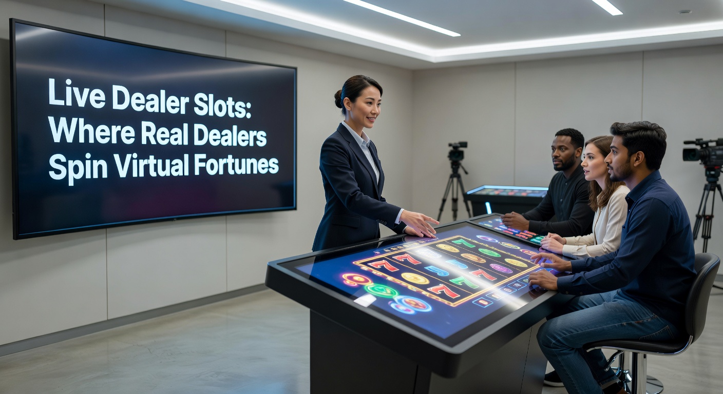 Nahaufnahme eines Dealers, der ein Slot-Rad dreht, mit digitalen Walzen im Hintergrund und aufgeregten Spieler-Chats auf dem Bildschirm